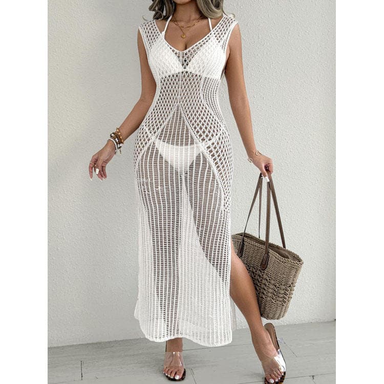 Sleeveless swimsuit outerwear wholesale V neck split maxi dress custom logo Knitted bikini cover up factory directly