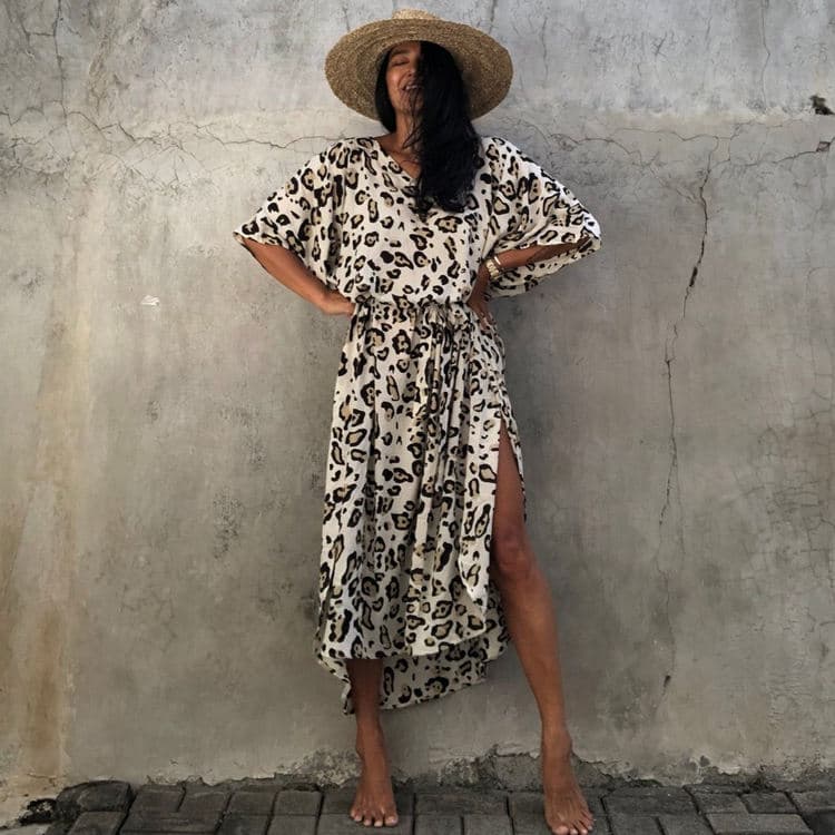 Wholesaler Leopard Dot Turkish Gown Women Vacation Printed Long Dress Beach Sexy Cover Ups