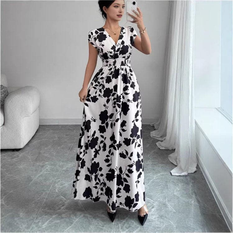 Wenshuo Printed Summer Dress Wholesale Casual V-neck Dress Custom logo Simple Maxi Dress Factory Directly