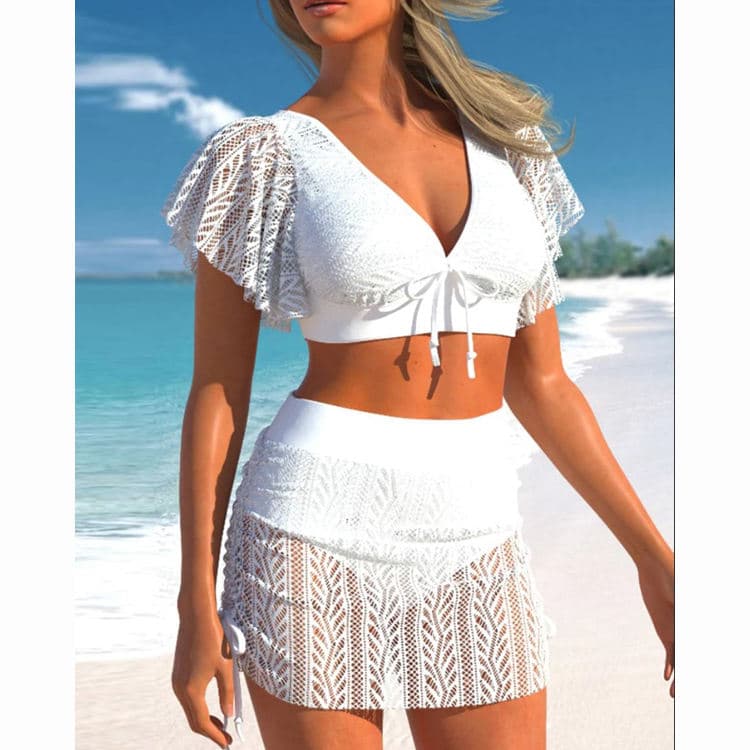Sexy Hollow Out Backless Lace Beachwear Short Ruffle Sleeve Mix Swimsuit 2024 Elegant Beach Holiday Bikini
