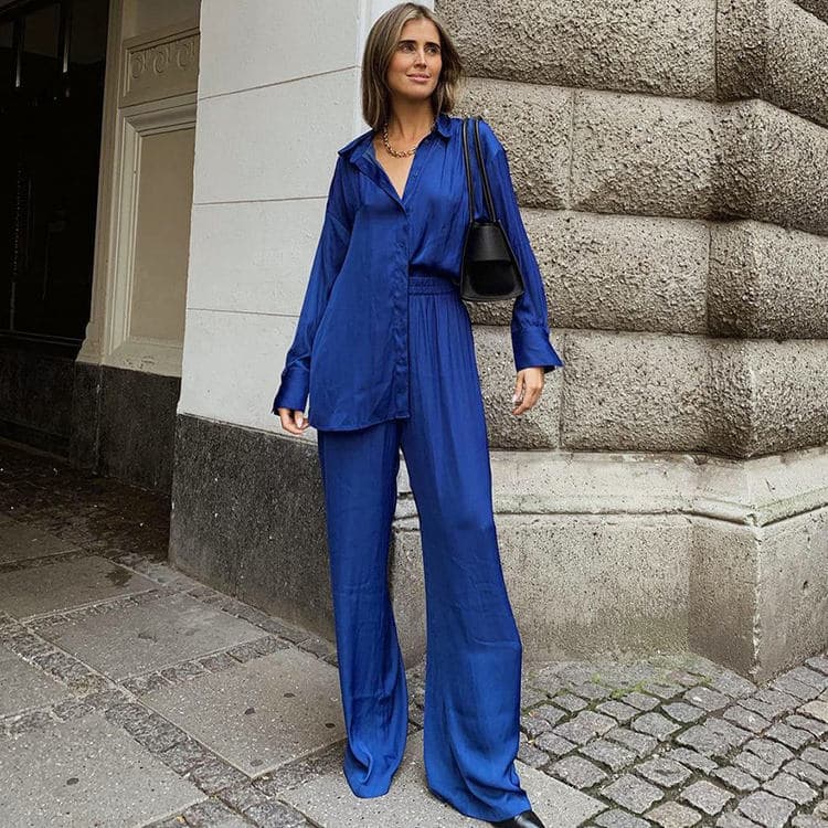 2023 Summer Fashion Pajama Shirt Ice Silk Loose Pajama Pants Two Piece Set for Women's Home Fur Outwear