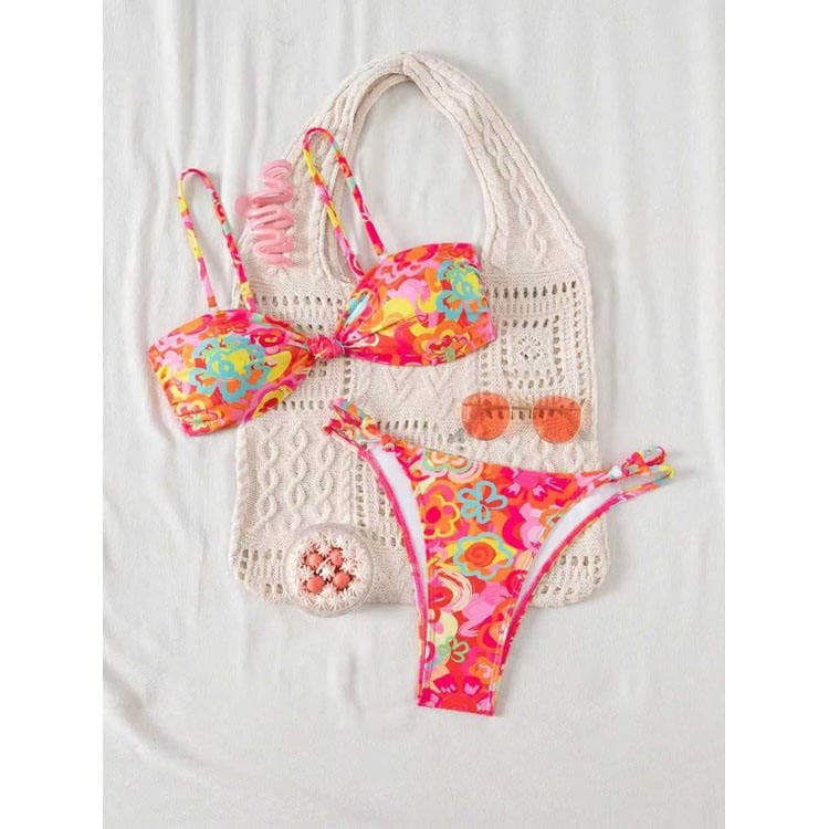 Fashion Women New Colorful Print Two Piece Swimsuit Backless Sweet Style Beach Bikini Set Factory Customize
