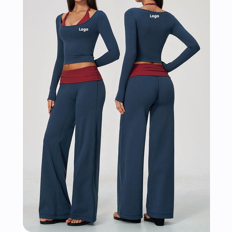 Nylon Spandex Brushed Workout Set 2 in 1 Long Sleeve T-shirt and Wide Straight Leg Pants Block Color Yoga Set
