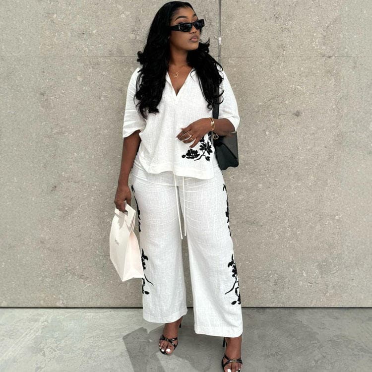 Wenshuo Casual Long Sleeve Top Wholesale Loose Straight Leg Trousers Custom logo Printed Work Suit Factory Directly