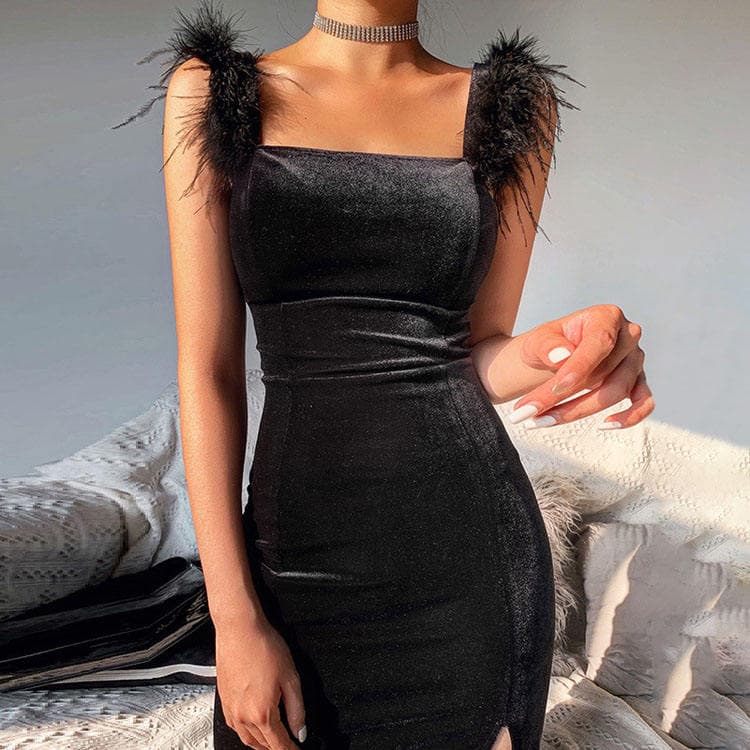 2023 New Arrive Elegant Dress Feather Off Shoulder Ladies Party Dress Velvet Slit Midi Dress Bodycon