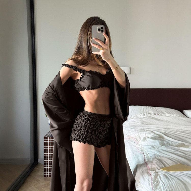 Wenshuo Pleated Satin Loungewear Wholesale Casual Long Sleeve Top Custom logo Three Piece Pajama Set Factory Directly