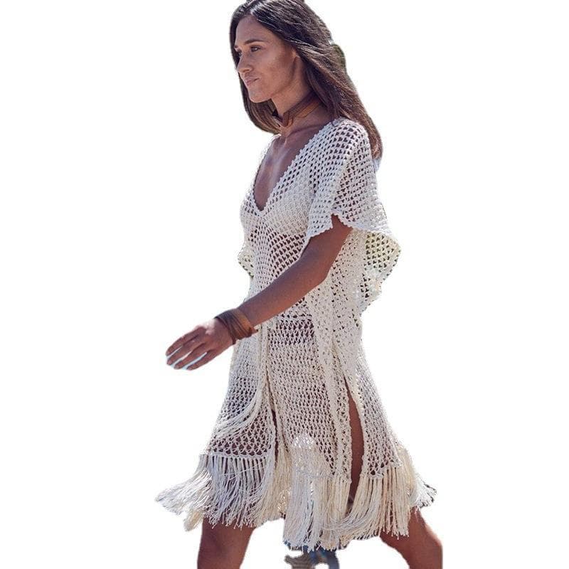 2023 New v Neck Tassel High Slit Beach Sunscreen Cover Ups Hollow Bikini Dress for Women
