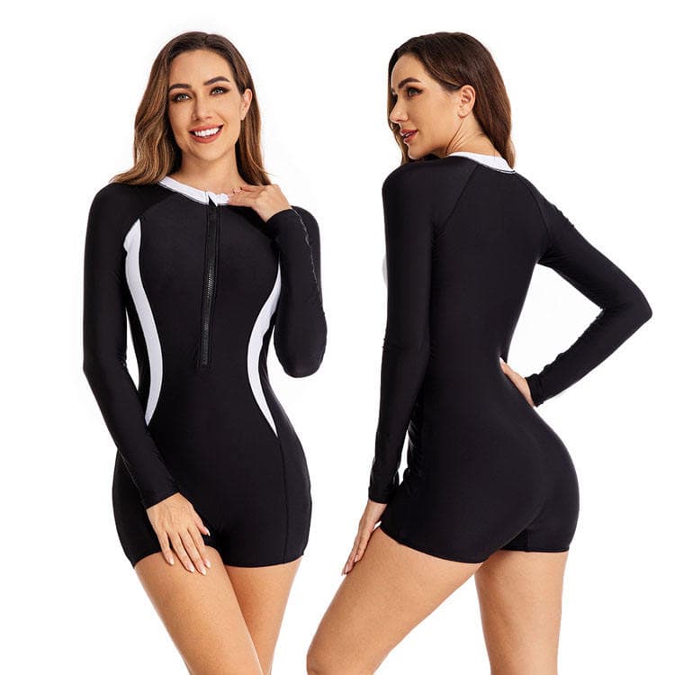 Black Simple Design Long Sleeve Surfing Suit Front Zipper One Piece Women Rash Guard