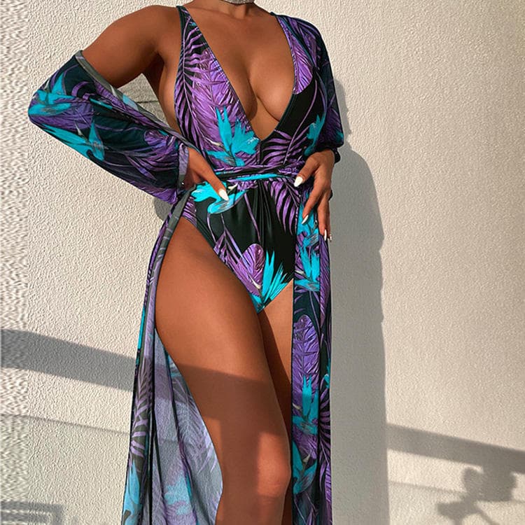 2022 New Summer Beach Swimwear Long Sleeve Printed Swimsuit Two Piece Tropical Print Bikini