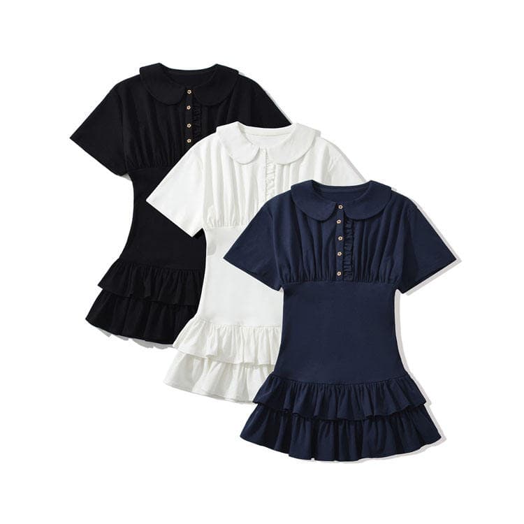 Wholesale 2026 Hot Selling Fashion Women Dress Casual Polo Neck Style Ruffled Dress Solid Color off Shoulder Short Sleeve Dress