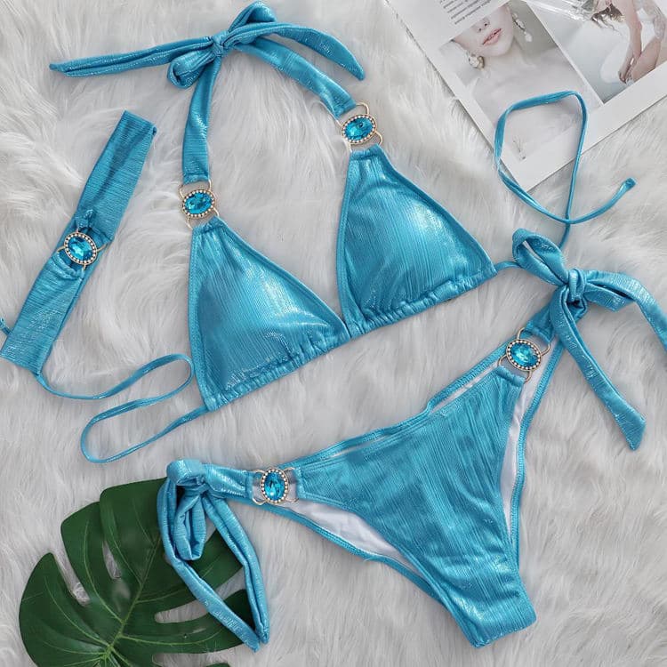 2025 Hot Ins Jewel Solid Color Sexy Halter 2 Piece Bikini Rhinestone Thong Diamond Bikini Swimwear