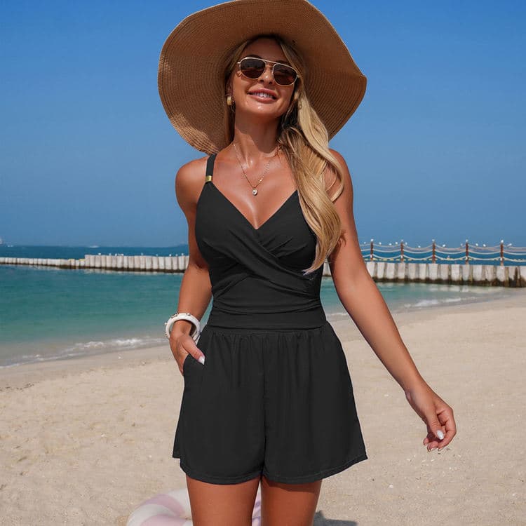 New Solid Color One Piece Swimsuit Modest Swimwear with Pockets Fitness Swimwear Wholesale