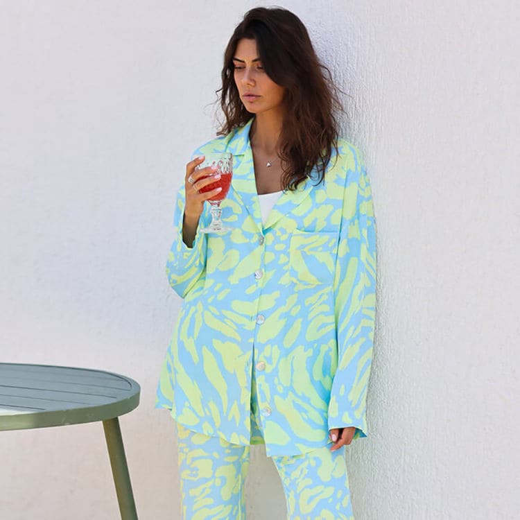 2023 Autumn Printed Pajama Set Loose Pants Fashion Casual Silk Imitation Women's Home Fur Outwear