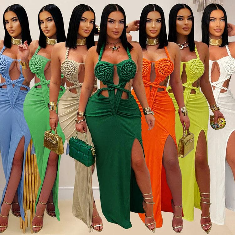 Personalized Design Sexy Halter Neck Bodycon Dress with Low Back and Lifted Butt Solid Color Knitted Bodycon Dress