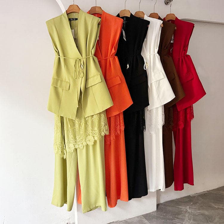 Wenshuo Loose Sleeveless Vest Wholesale Elegant Lace Trousers Factory Directly High Quality Women Set Custom logo