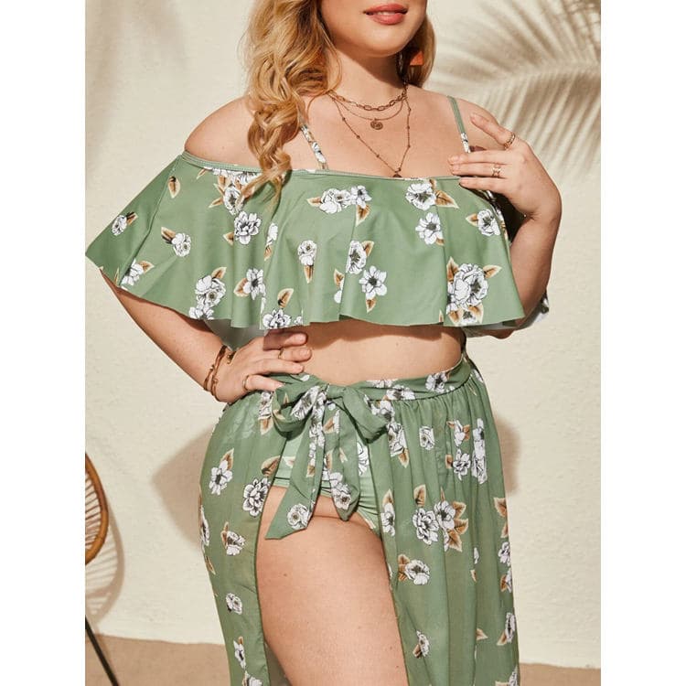 2023 New Ruffled High Waist Veil Skirts Large Size Print Three Piece Swimsuit for Women