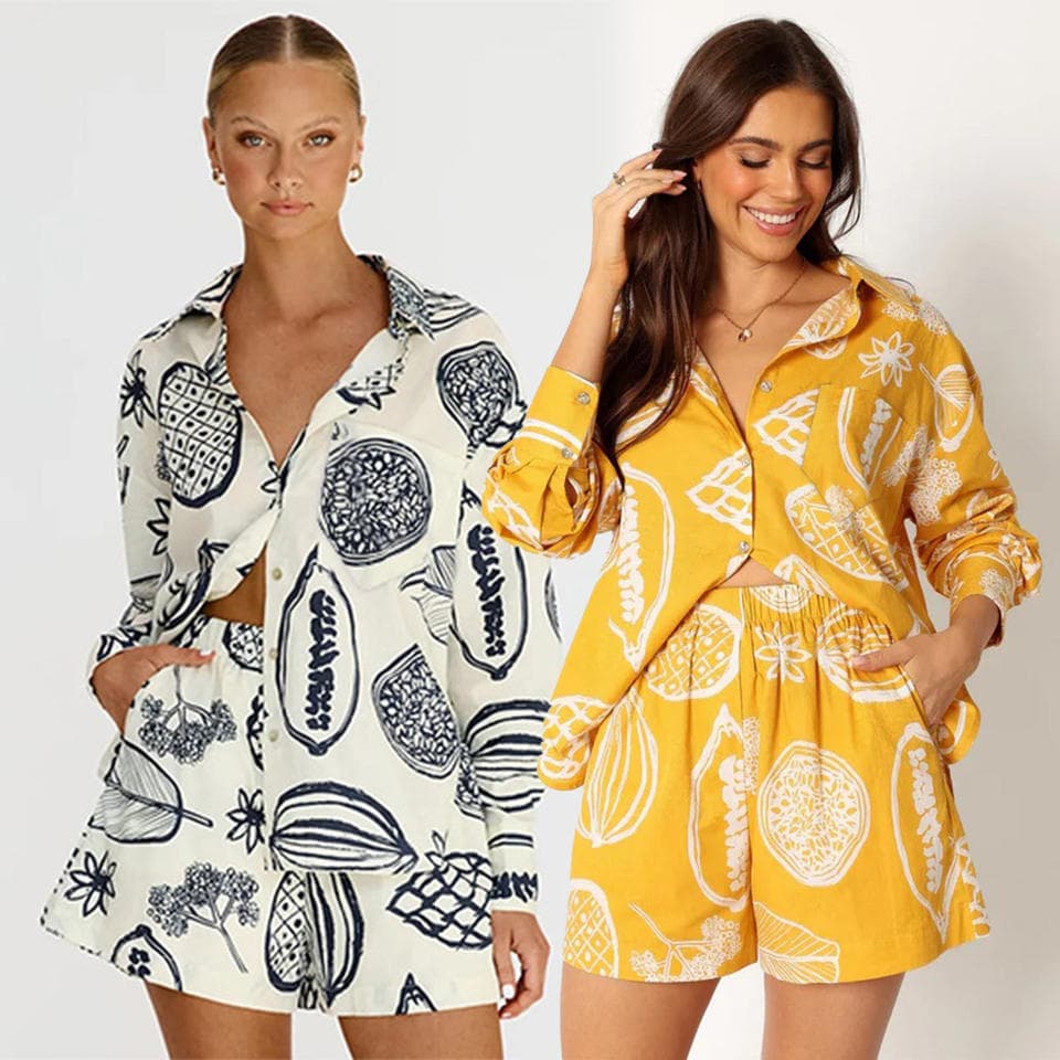 Fruit Printed Shirt Factory Directly  Solid Color Short Sleeve Set 2025 Fashion Women Suit Wholesale