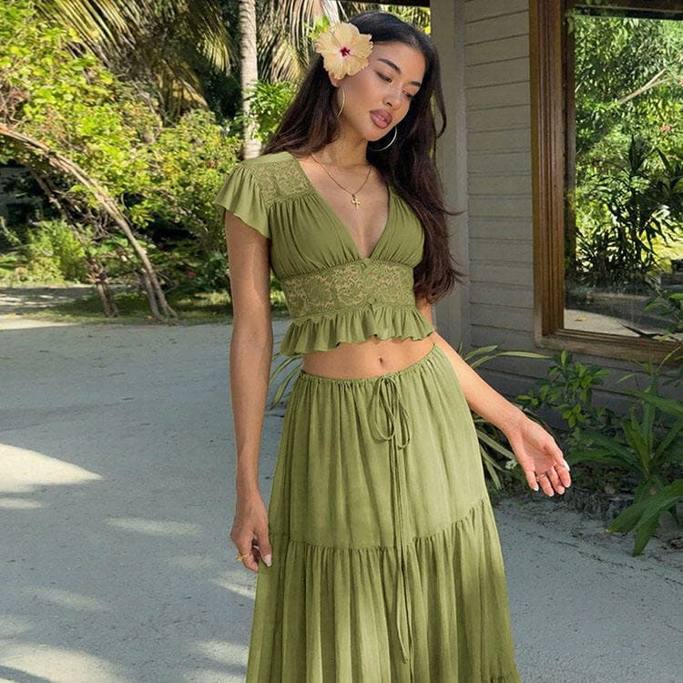 Wenshuo 2027 Women Fashion Sexy Chiffon and Lace Top Translucent Drawstring Maxi Dress Solid Color Women Holiday Beach Set
