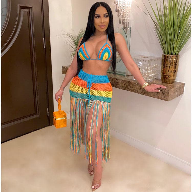2023 Color Contrast Hand Hook Beach Bikini Sexy Tassel Two Piece Bikini
