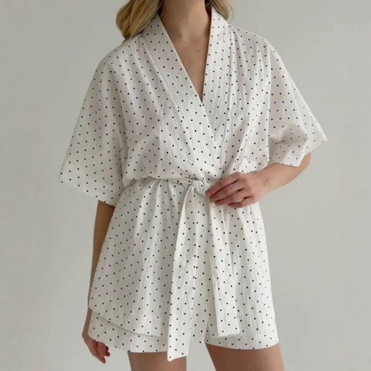 Wenshuo Long Sleeve Kimono Top Wholesale Polka Dot Loungewear Custom logo Women Cotton Pajamas Factory Directly