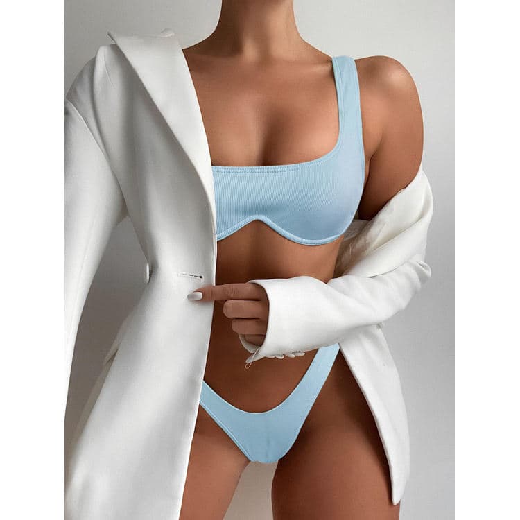 New Two Piece Underwire Bikini Swimwear Solid Color Push up Swimsuit Bikini Set Fitness Beachwear