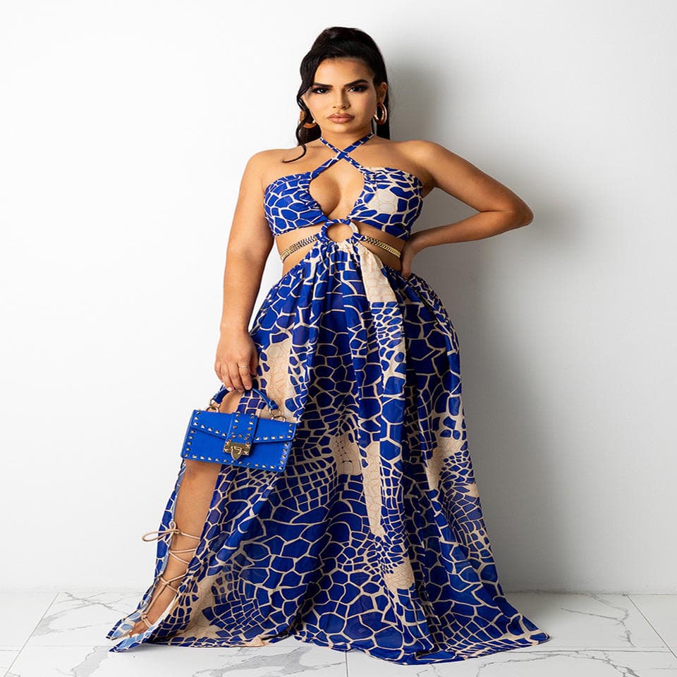 2023 Summer Women Dress Print Sexy Halter Neck Backless Long Swing Skirt