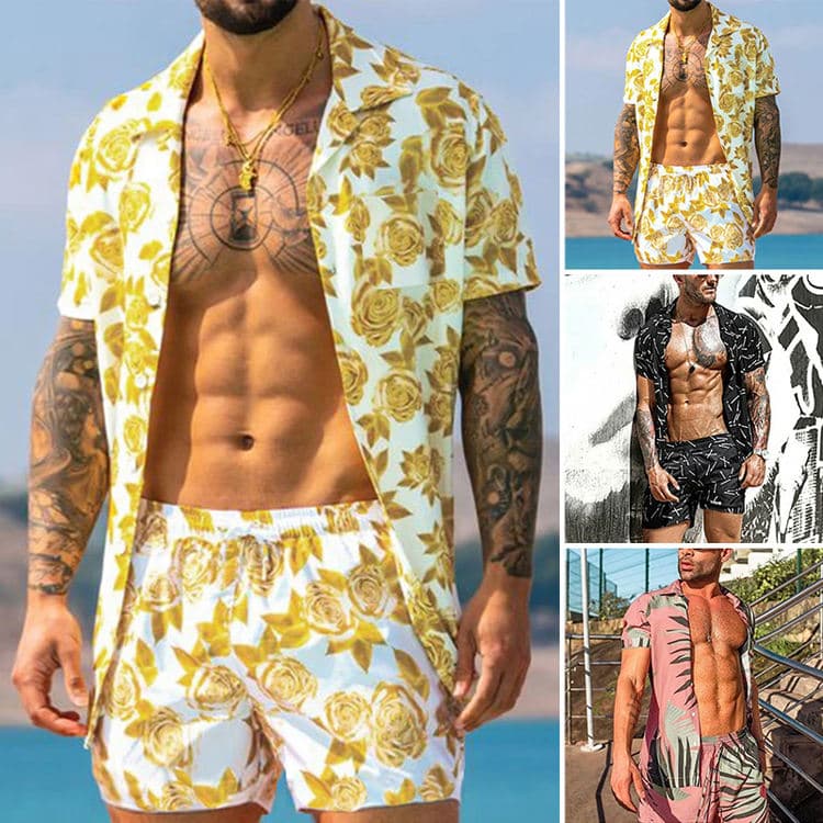 Hot Sale Men's Casual Loose Beachwear Color Print Short Sleeve Suit