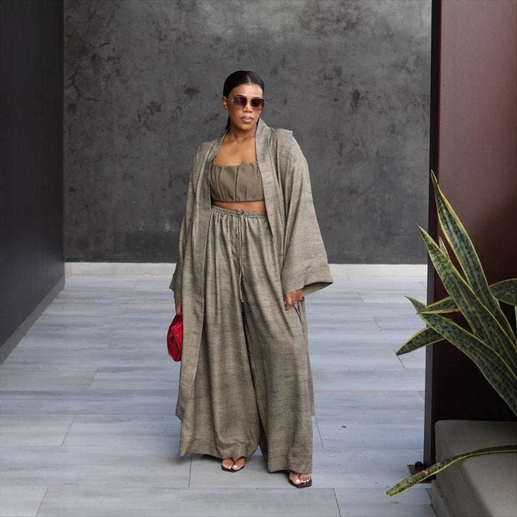Wenshuo New 3 Piece Set Casual Long Cardigan Strapless Tie Front Top and Wide-Leg Trousers Women Casual Set