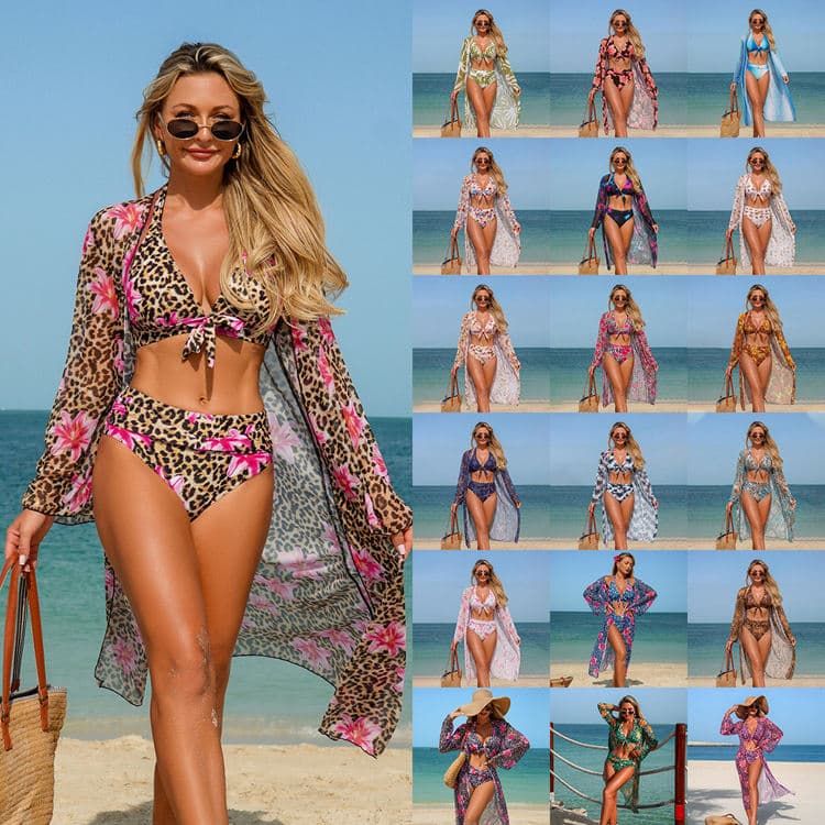 New Sexy Stylish Three Piece Swimwear Set Leopard Print Bikini with Cover-Up Beachwear