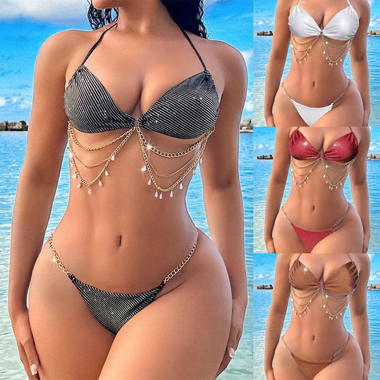 Metal Chain Solid Color Glitter Two Piece Bikini Set Pearl Shiny Sexy Swimsuit for Women