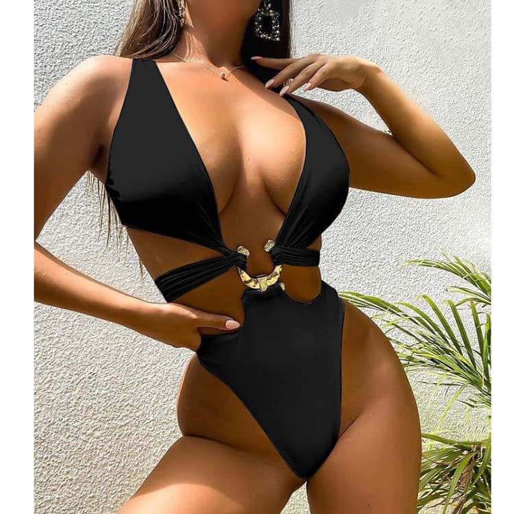 New One Piece Bikini Set Sexy Metal Button Swimsuit Black Bikini for 2023
