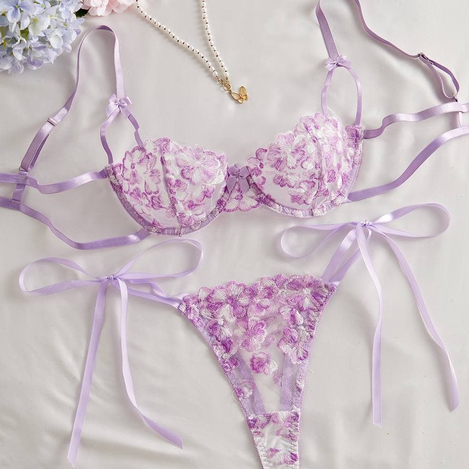 See Through Transparent Lingerie Custom logo Wholesale Flower Embroidery Lingerie Mesh Ribbon Two Piece Sexy Underwear 2025