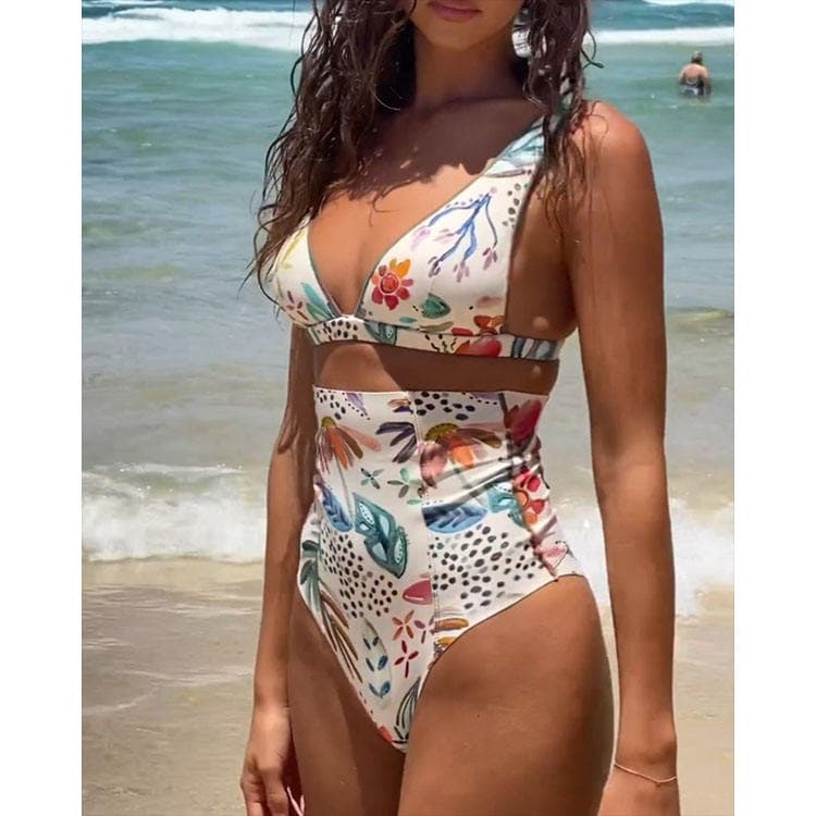 New Fashion Sexy Two Piece Bikini Set Sexy Deep V Vacation Swimsuit Women Printed Bikini Set