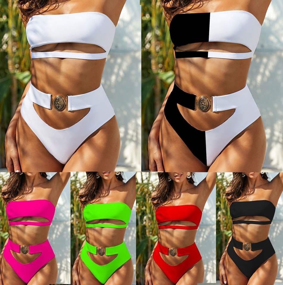 Exquisite Metal Buckle Women Swimsuit  Bandage Bikini Set