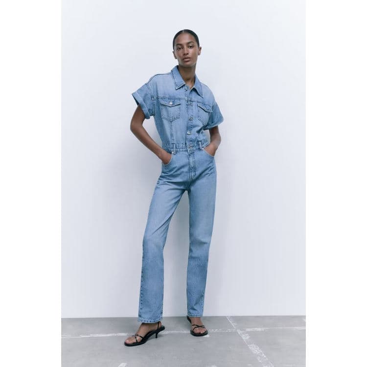 Autumn Long Denim Jumpsuit Work Wear Style Short Sleeve Casual Pants High Waist Long Jumpsuit