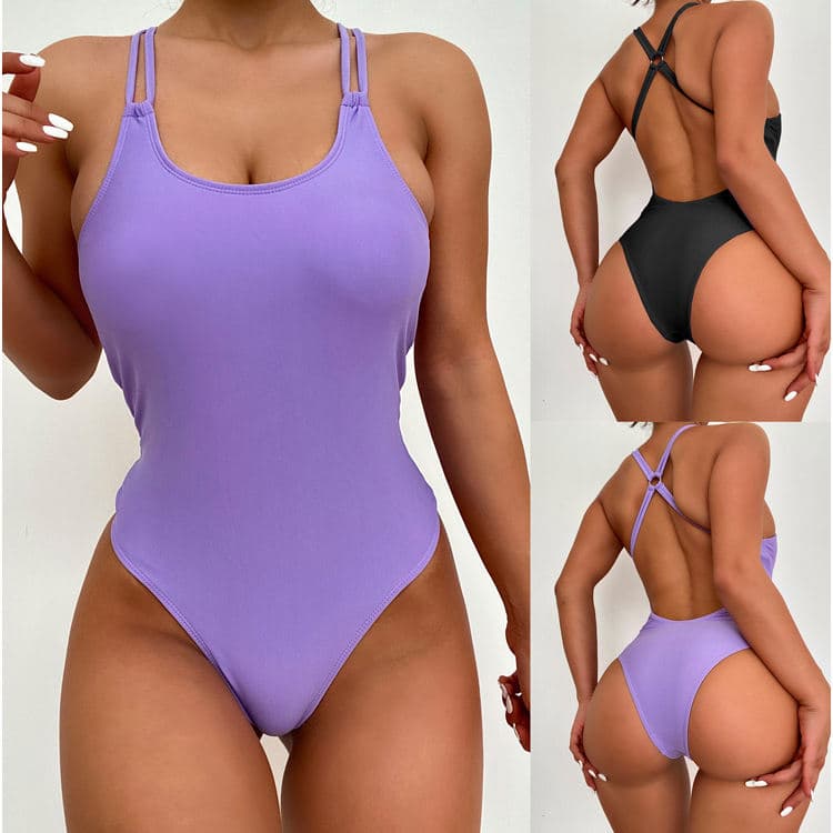 High Waist Hot Fancy Bikini Set Solid Color Sexy Backless One Piece Bikini Swimwear Set for Women