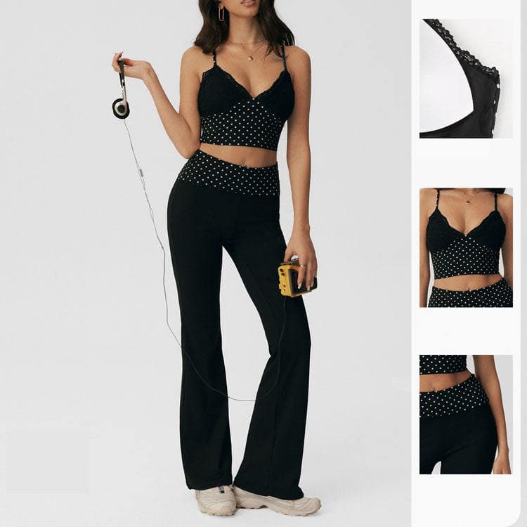 Nylon Spandex Nude Feel Pilates Workout Set Polka Bra and Flare Pants Lace Trim Elegant Yoga Set