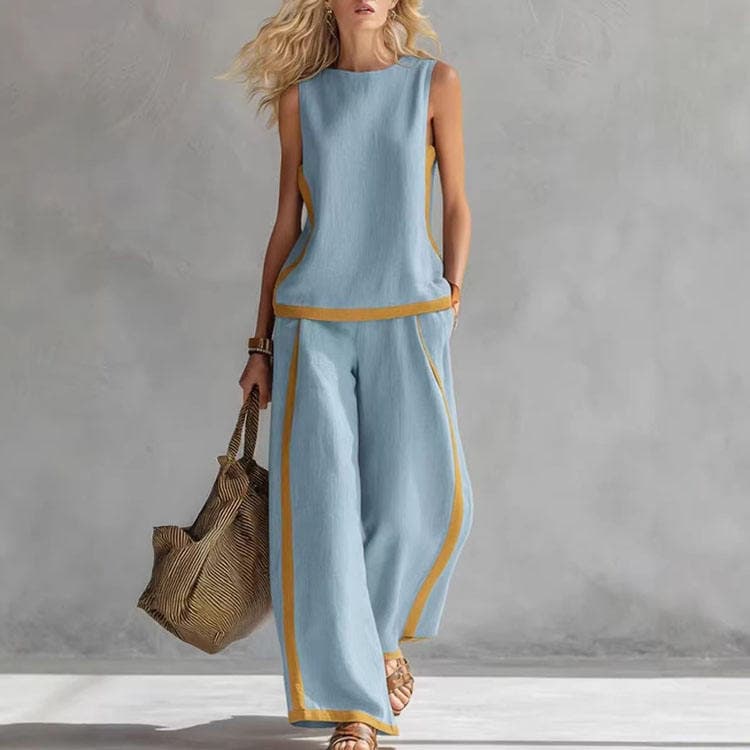 Wenshuo Casual Sleeveless Top Wholesale Loose Straight Leg Trousers Custom logo Simple Women Set Factory Directly