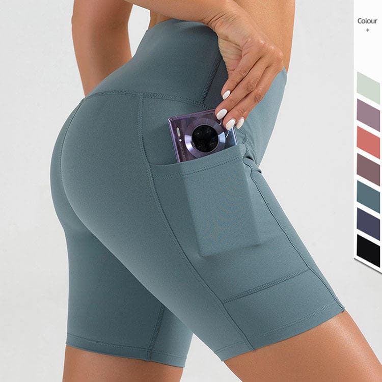 Brushed Nylon Spandex Outdoor Running Shorts Nude Feel High Waist Biker Shorts Side Pocket Yoga Shorts