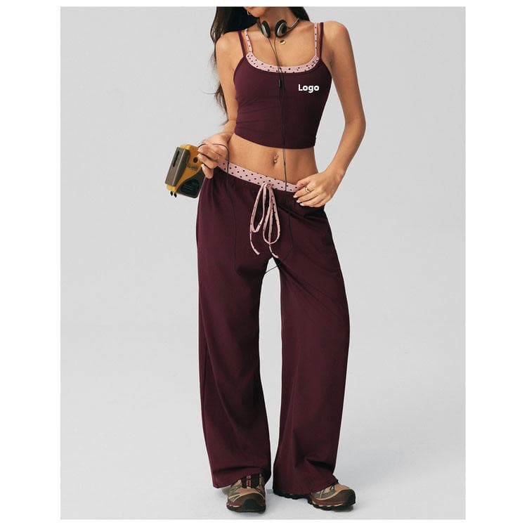Nylon Spandex Nude Feel Custom Logo 2 Piece Activewear 2 in 1 Tank Top and Wide Leg Pants Yoga Set