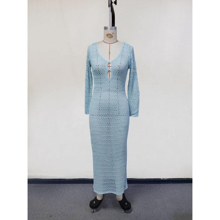 New Sexy Blue Crochet Beach Cover up Long Sleeve Hollow Out Knit Vacation Resort Swimsuit Cover up Sheer Sun Protection Kimono