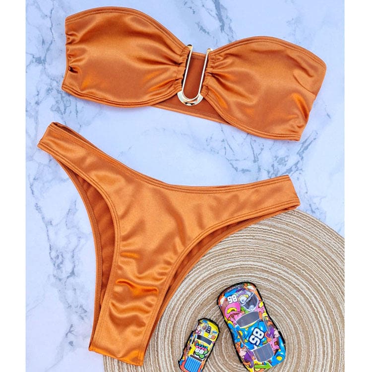 New Sexy U Shaped Metal Swimsuit Solid Color High Waist Bikini Women Satin Fabric Swimsuit