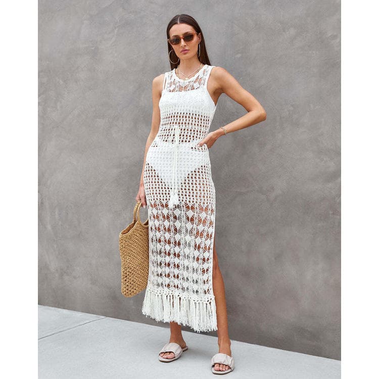 Hot Selling Hollowed Floral Beach Dresses Waist Tie Tassel Cover Ups Long Beach Dresses