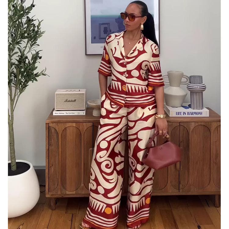 Wenshuo Printed Short Sleeve Top Wholesale Summer Loose Trousers Custom logo Simple Casual Suit Factory Direct