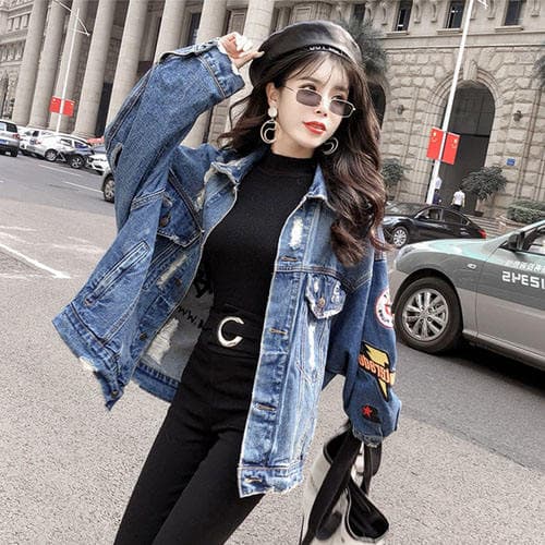 Women'S Ripped Denim Jacket Mid-Length Denim Jacket