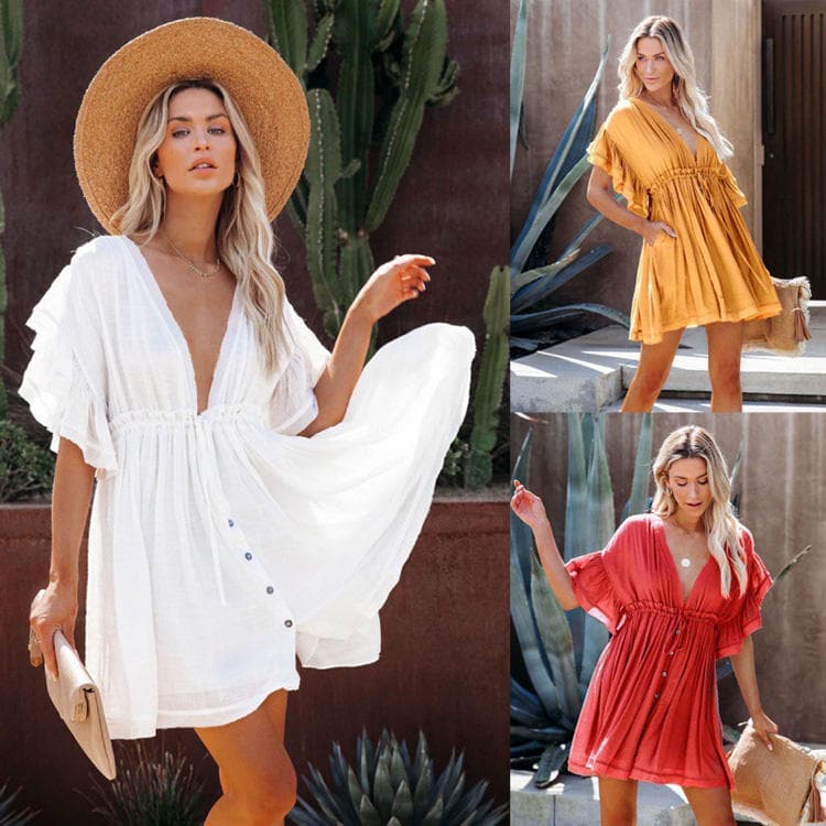New Slub Cotton Tie Belt Beach Cover Ups Sunscreen Sexy Backless One Piece Skirt Swimsuit