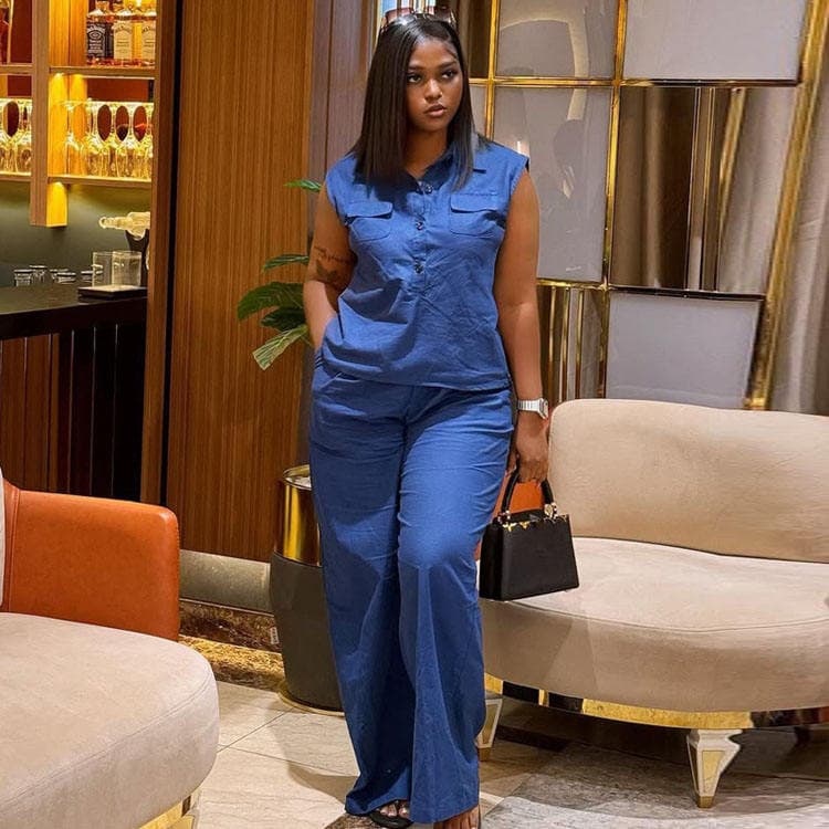 Plus Size Two Piece Set Sleeveless Vest Wide Leg Pants Women Summer Workwear Denim Set
