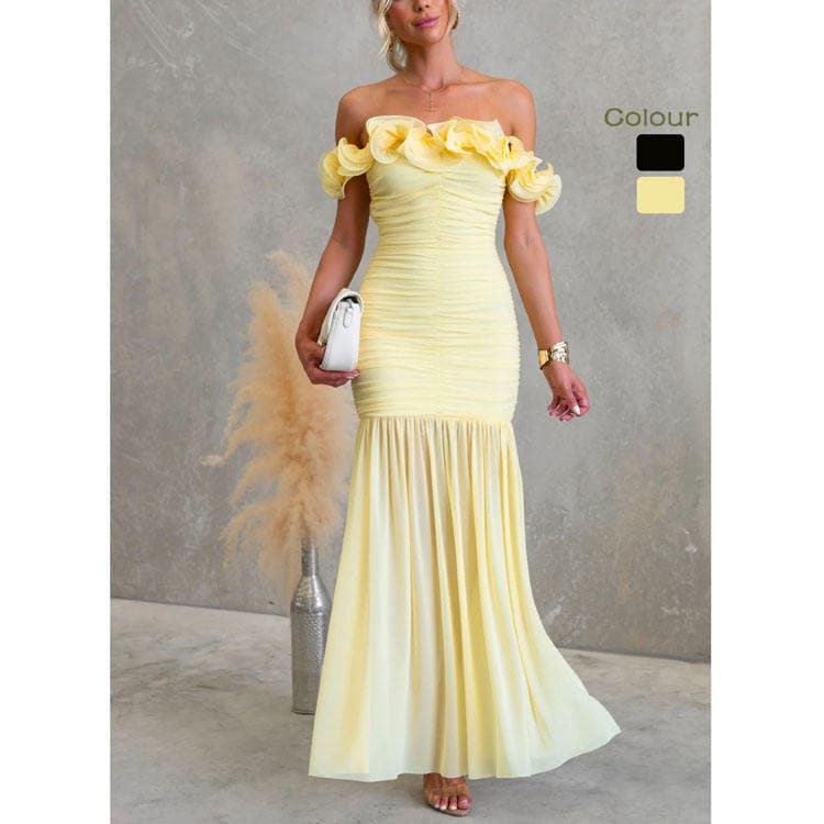 Wenshuo Off-the-shoulder Dress Wholesale Ruffled Pleated Dress Custom logo Elegant Mesh Dress Factory Directly