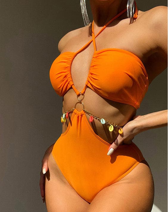 New Design Lace up One Piece Swimsuit Bikini With Chain Sexy One Piece Swimsuit With Shell Pendant Orange Color Strapless Bikini