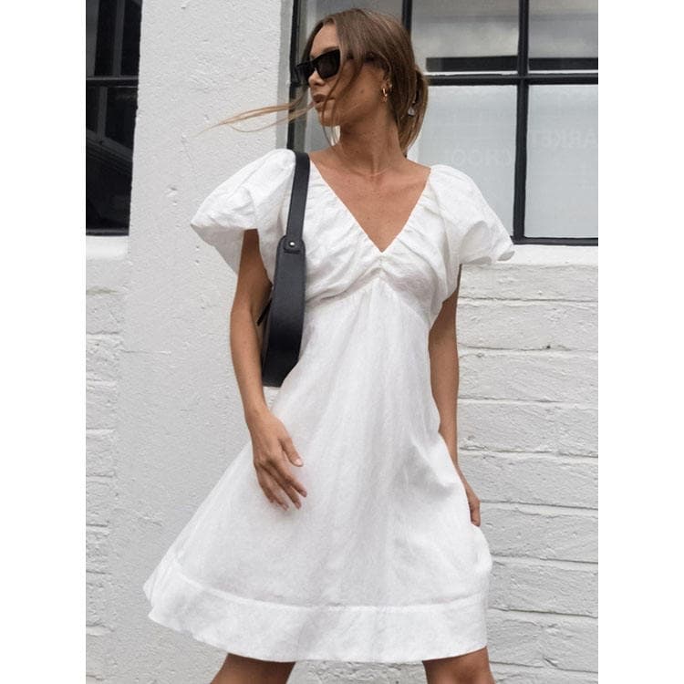 Pure White Design Cotton and Linen Puff Sleeves v Neck Tie Bow Sexy Backless Summer Dress